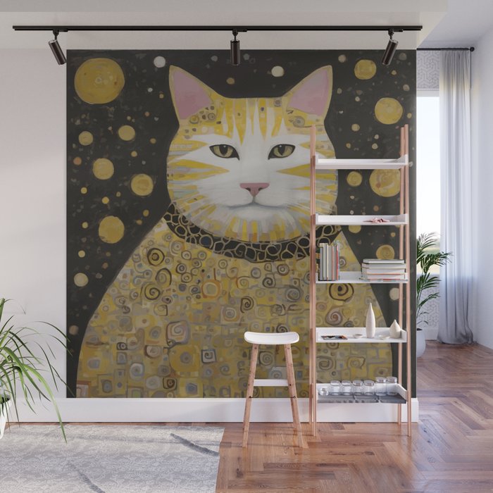 Beautiful Klimt Cat with Pink Nose and Ears Wall Mural Gallery Image 1