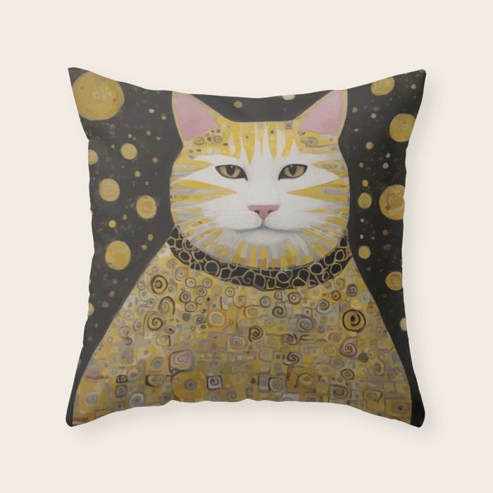 Beautiful Klimt Cat with Pink Nose and Ears Throw Pillow Gallery Image 1