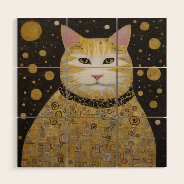 Beautiful Klimt Cat with Pink Nose and Ears Wood Wall Art Gallery Image 1