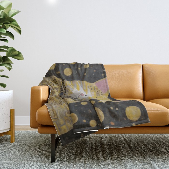 Beautiful Klimt Cat with Pink Nose and Ears Throw Blanket Gallery Image 1