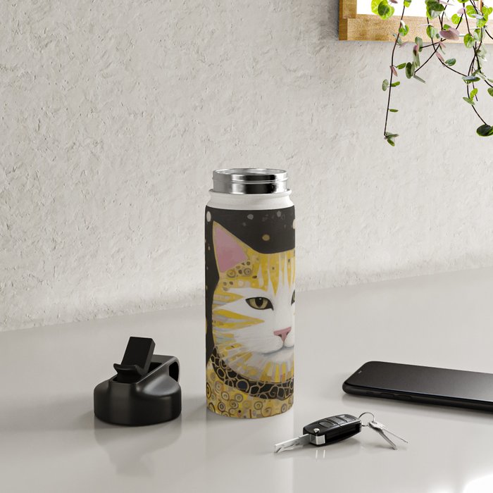 Beautiful Klimt Cat with Pink Nose and Ears Water Bottle Gallery Image 4