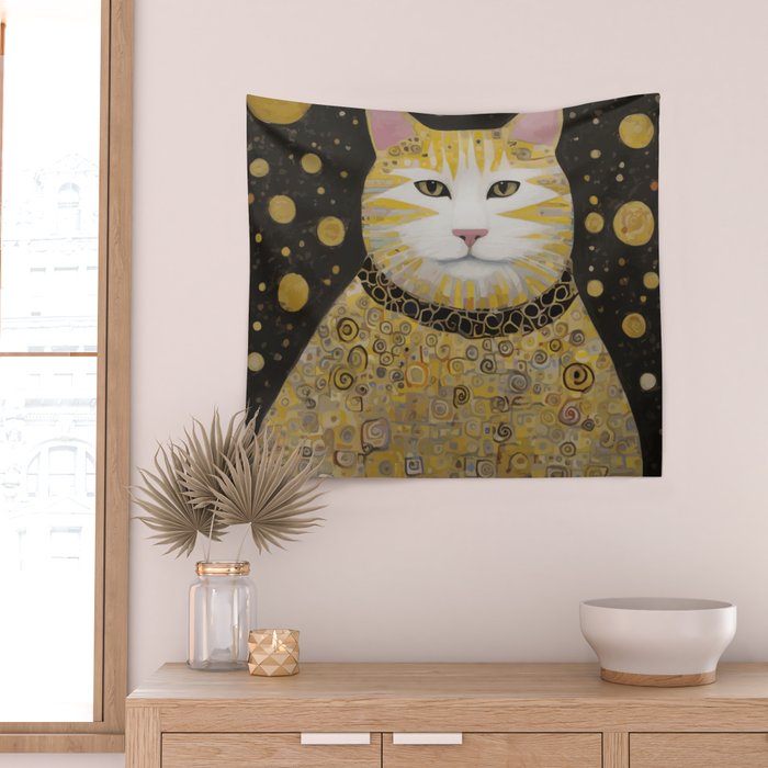 Beautiful Klimt Cat with Pink Nose and Ears Wall Tapestry Gallery Image 2