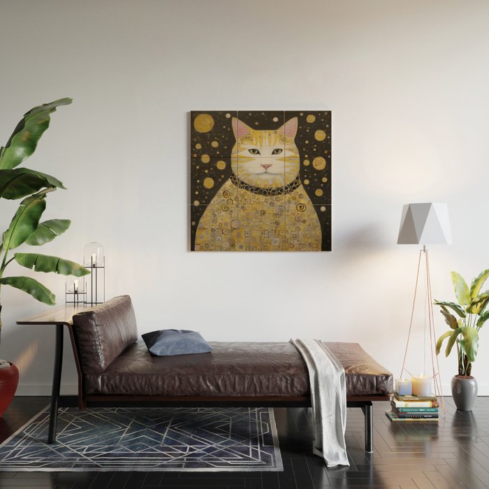 Beautiful Klimt Cat with Pink Nose and Ears Wood Wall Art Gallery Image 2