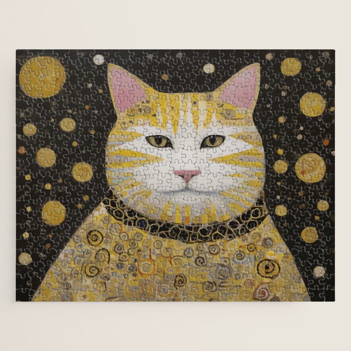 Beautiful Klimt Cat with Pink Nose and Ears Jigsaw Puzzle Gallery Image 1