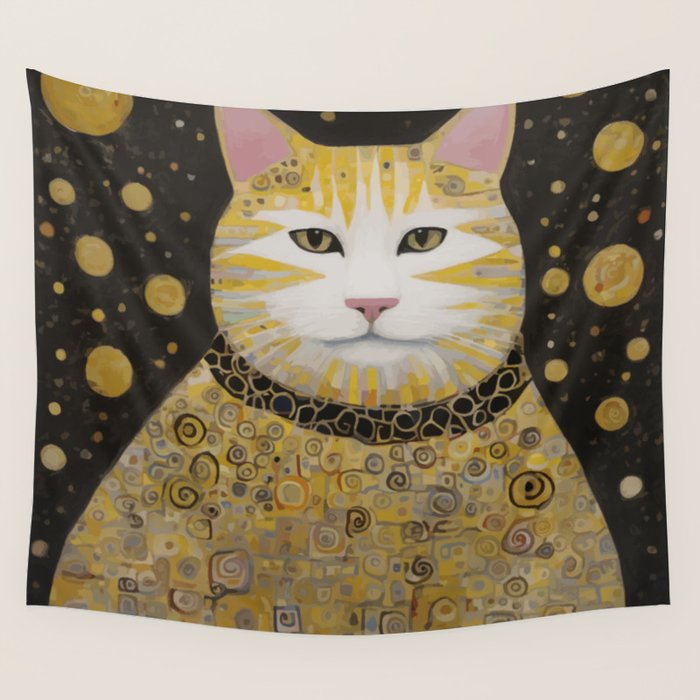 Beautiful Klimt Cat with Pink Nose and Ears Wall Tapestry Gallery Image 1