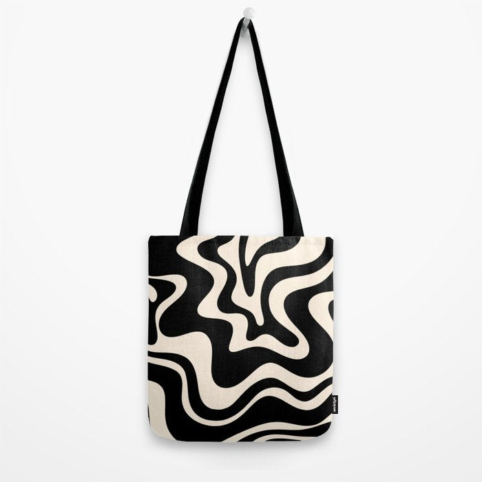 Retro Liquid Swirl Abstract Pattern 3 in Black and Almond Cream Tote Bag Gallery Image 2