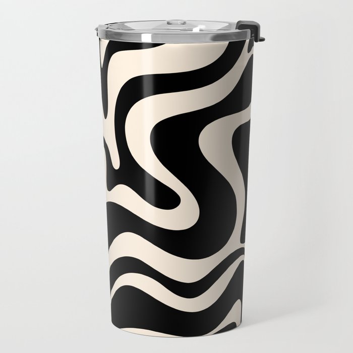 Retro Liquid Swirl Abstract Pattern 3 in Black and Almond Cream Travel Mug Gallery Image 2
