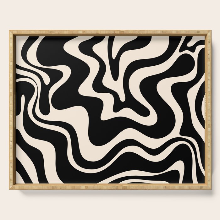 Retro Liquid Swirl Abstract Pattern 3 in Black and Almond Cream Serving Tray Gallery Image 1