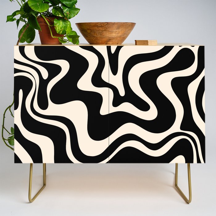 Retro Liquid Swirl Abstract Pattern 3 in Black and Almond Cream Credenza Gallery Image 1