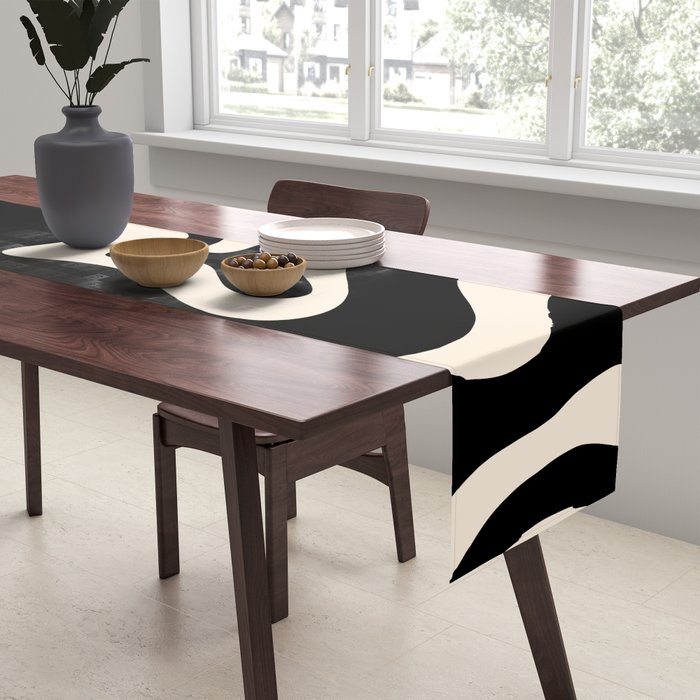 Retro Liquid Swirl Abstract Pattern 3 in Black and Almond Cream Table Runner Gallery Image 2
