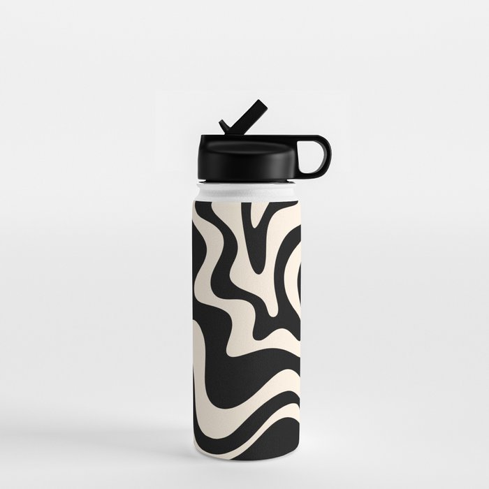 Retro Liquid Swirl Abstract Pattern 3 in Black and Almond Cream Water Bottle Gallery Image 1