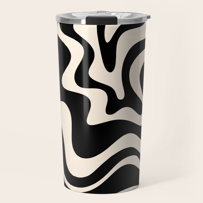 Retro Liquid Swirl Abstract Pattern 3 in Black and Almond Cream Travel Mug Gallery Image 1