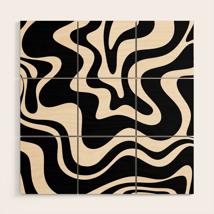Retro Liquid Swirl Abstract Pattern 3 in Black and Almond Cream Wood Wall Art Gallery Image 1