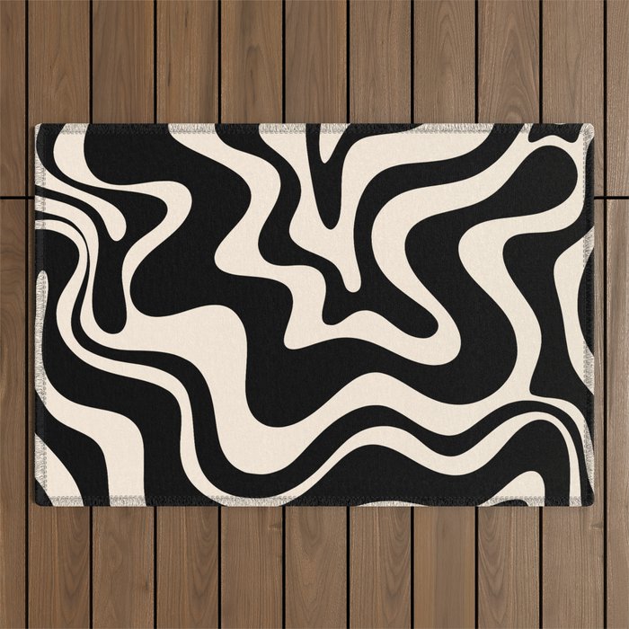 Retro Liquid Swirl Abstract Pattern 3 in Black and Almond Cream Outdoor Rug Gallery Image 1