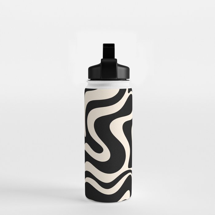 Retro Liquid Swirl Abstract Pattern 3 in Black and Almond Cream Water Bottle Gallery Image 2