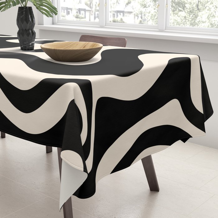 Retro Liquid Swirl Abstract Pattern 3 in Black and Almond Cream Tablecloth Gallery Image 3