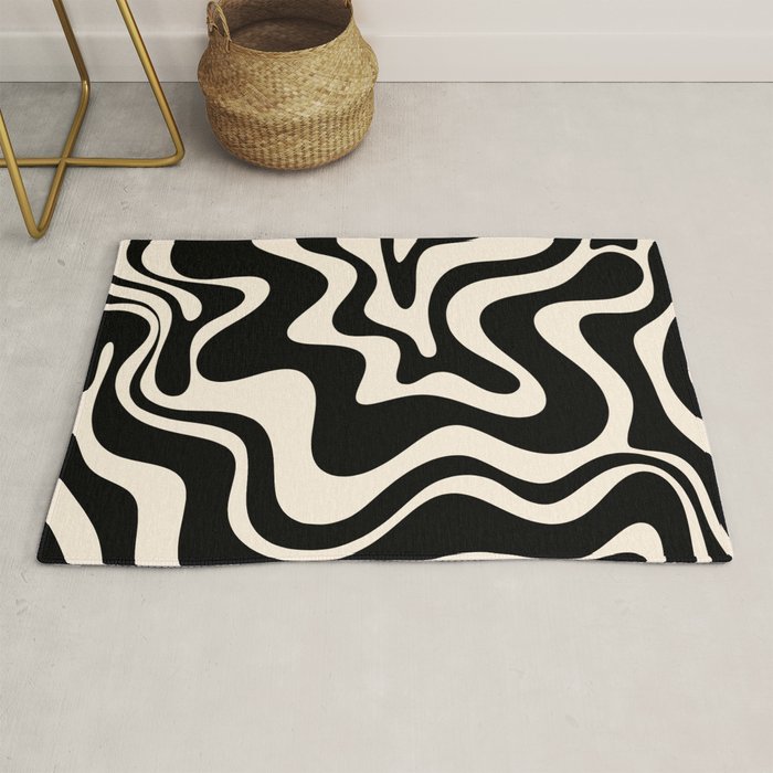 Retro Liquid Swirl Abstract Pattern 3 in Black and Almond Cream Rug Gallery Image 1