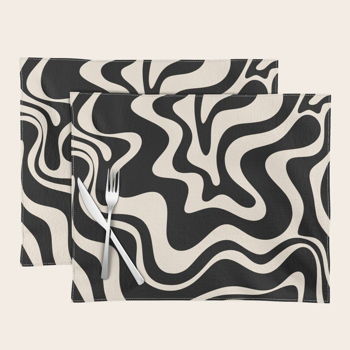 Retro Liquid Swirl Abstract Pattern 3 in Black and Almond Cream Placemat Gallery Image 1