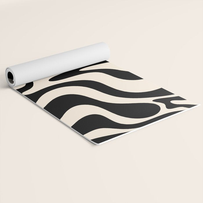 Retro Liquid Swirl Abstract Pattern 3 in Black and Almond Cream Yoga Mat Gallery Image 2