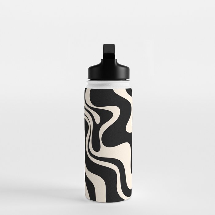 Retro Liquid Swirl Abstract Pattern 3 in Black and Almond Cream Water Bottle Gallery Image 3