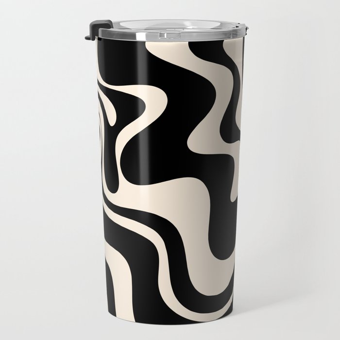 Retro Liquid Swirl Abstract Pattern 3 in Black and Almond Cream Travel Mug Gallery Image 3