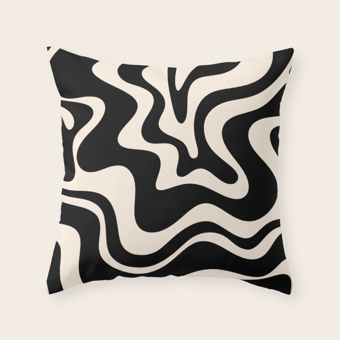 Retro Liquid Swirl Abstract Pattern 3 in Black and Almond Cream Throw Pillow Gallery Image 1