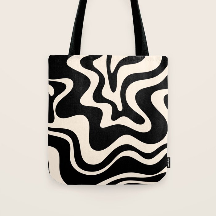 Retro Liquid Swirl Abstract Pattern 3 in Black and Almond Cream Tote Bag Gallery Image 1