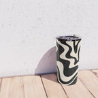 Retro Liquid Swirl Abstract Pattern 3 in Black and Almond Cream Travel Mug Gallery Image 4