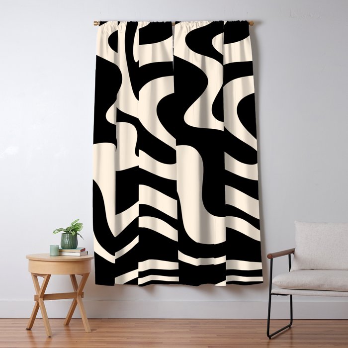 Retro Liquid Swirl Abstract Pattern 3 in Black and Almond Cream Window Curtain Gallery Image 1