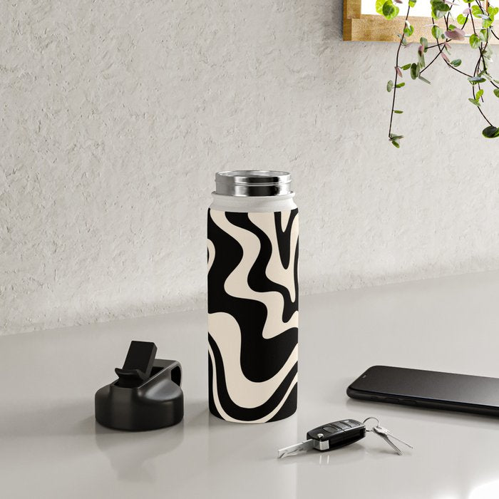 Retro Liquid Swirl Abstract Pattern 3 in Black and Almond Cream Water Bottle Gallery Image 5