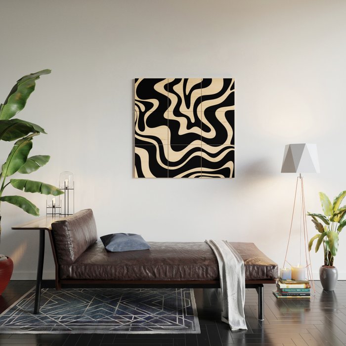 Retro Liquid Swirl Abstract Pattern 3 in Black and Almond Cream Wood Wall Art Gallery Image 2