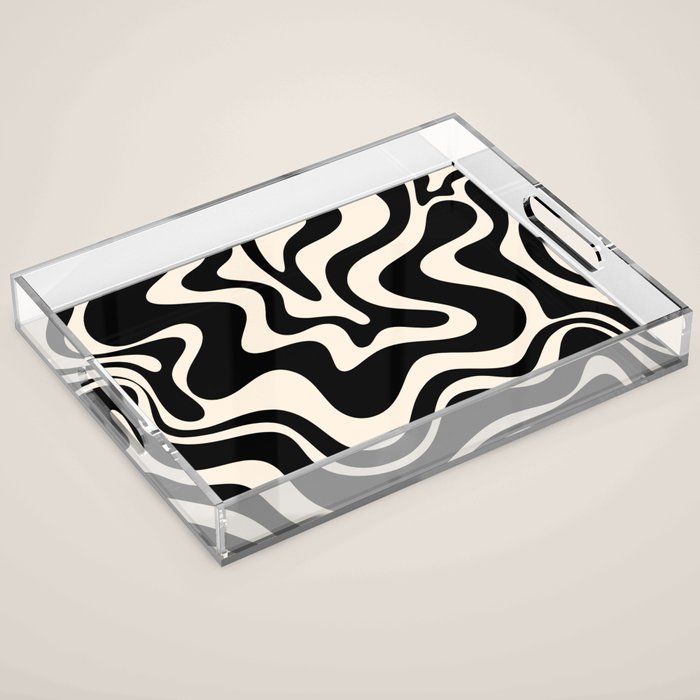 Retro Liquid Swirl Abstract Pattern 3 in Black and Almond Cream Acrylic Tray Gallery Image 1