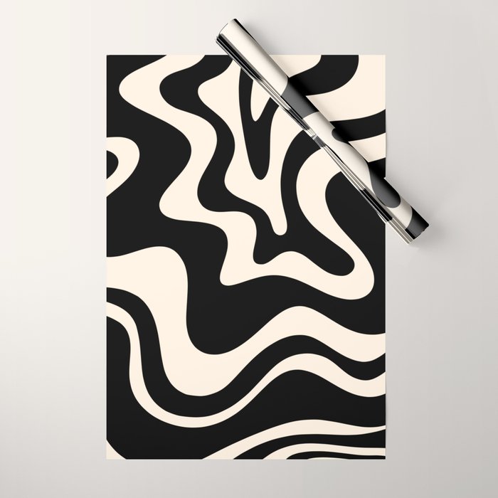 Retro Liquid Swirl Abstract Pattern 3 in Black and Almond Cream Wrapping Paper Gallery Image 1