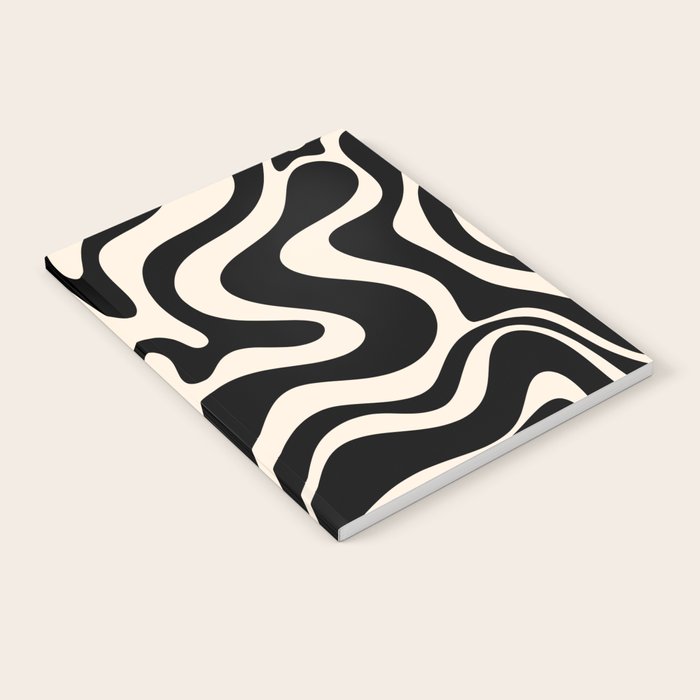 Retro Liquid Swirl Abstract Pattern 3 in Black and Almond Cream Notebook Gallery Image 1