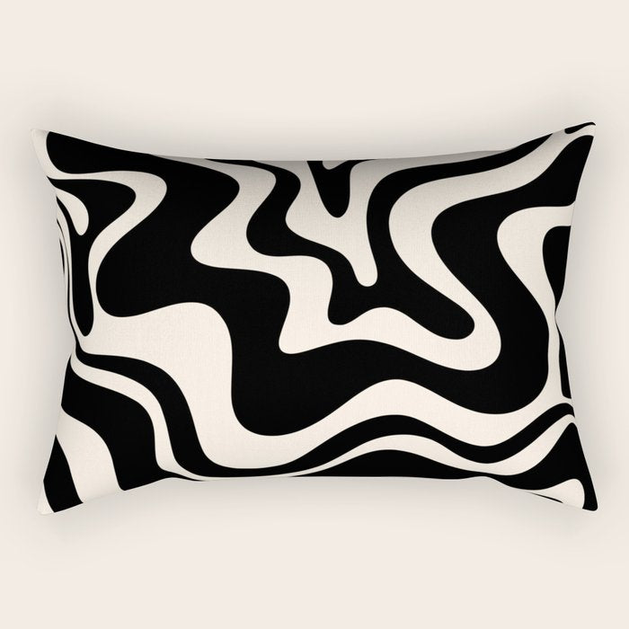 Retro Liquid Swirl Abstract Pattern 3 in Black and Almond Cream Rectangular Pillow Gallery Image 1