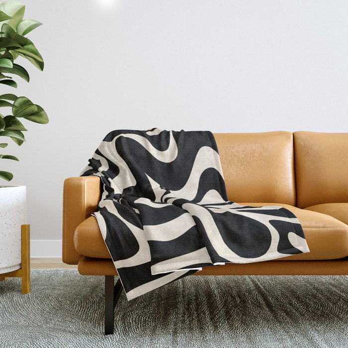 Retro Liquid Swirl Abstract Pattern 3 in Black and Almond Cream Throw Blanket Gallery Image 1