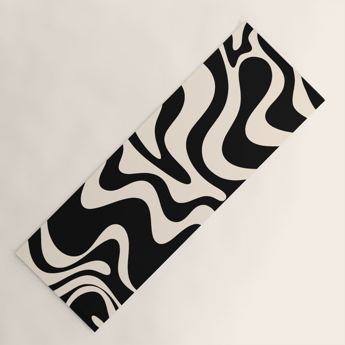 Retro Liquid Swirl Abstract Pattern 3 in Black and Almond Cream Yoga Mat Gallery Image 1