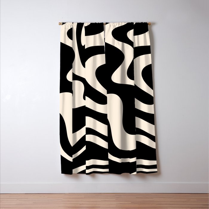 Retro Liquid Swirl Abstract Pattern 3 in Black and Almond Cream Window Curtain Gallery Image 3