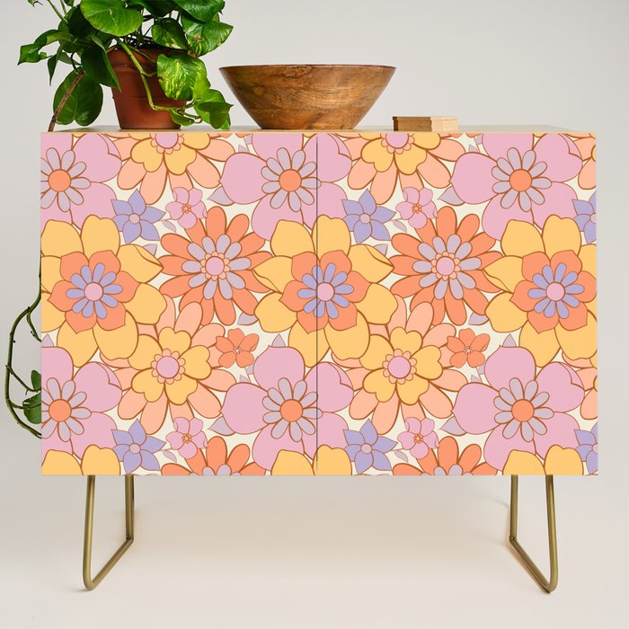 Retro hand drawn flower art pattern Credenza Gallery Image 1
