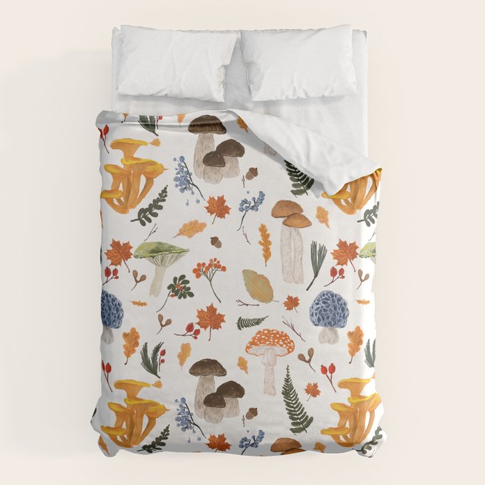 Colorful Forest Mushrooms and Plants Illustration  Nature Inspired Botanical Art Duvet Cover Gallery Image 6