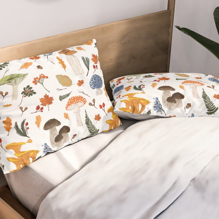 Colorful Forest Mushrooms and Plants Illustration  Nature Inspired Botanical Art Pillow Sham Gallery Image 2