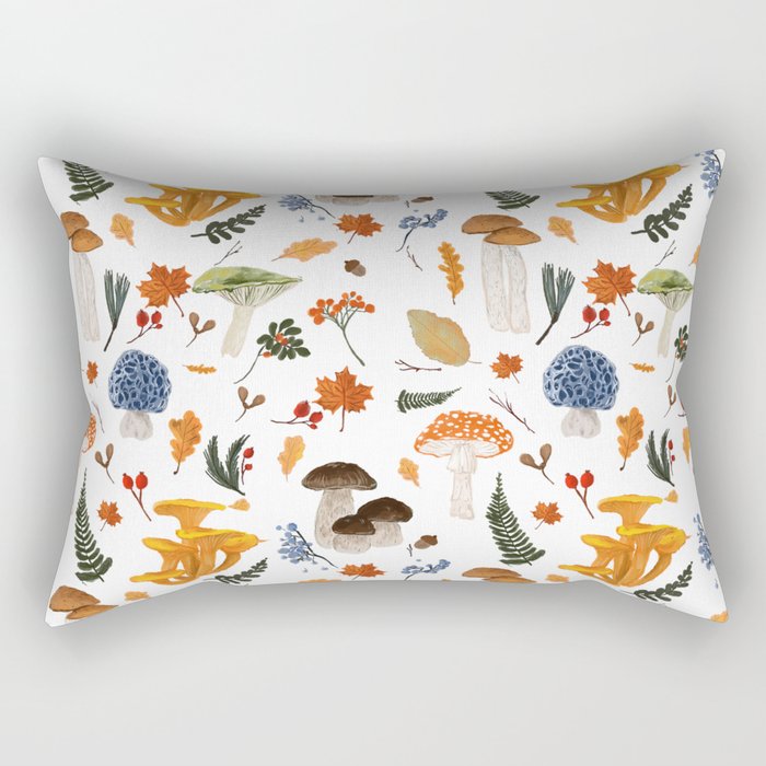 Colorful Forest Mushrooms and Plants Illustration  Nature Inspired Botanical Art Rectangular Pillow Gallery Image 1