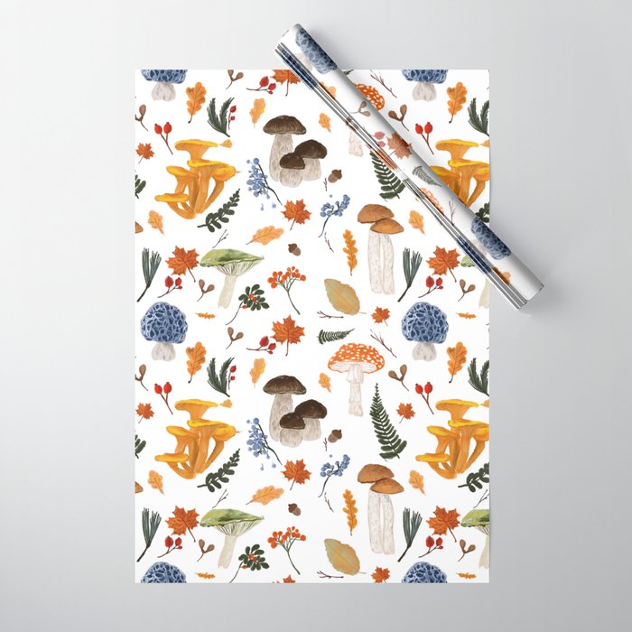 Colorful Forest Mushrooms and Plants Illustration  Nature Inspired Botanical Art Wrapping Paper Gallery Image 1
