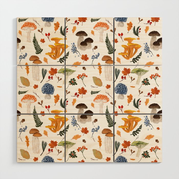 Colorful Forest Mushrooms and Plants Illustration  Nature Inspired Botanical Art Wood Wall Art Gallery Image 1