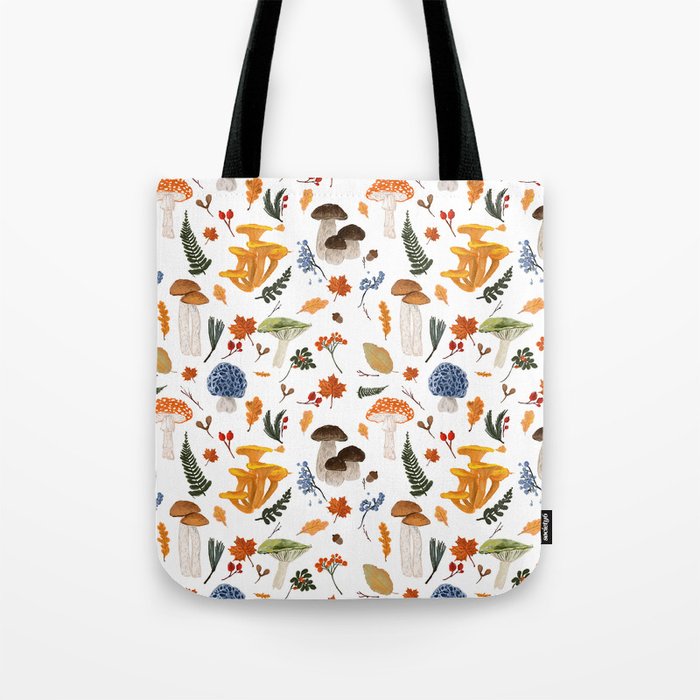 Colorful Forest Mushrooms and Plants Illustration  Nature Inspired Botanical Art Tote Bag Gallery Image 1
