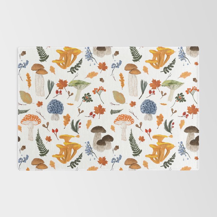 Colorful Forest Mushrooms and Plants Illustration  Nature Inspired Botanical Art Rug Gallery Image 2