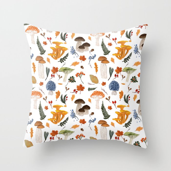 Colorful Forest Mushrooms and Plants Illustration  Nature Inspired Botanical Art Throw Pillow Gallery Image 6