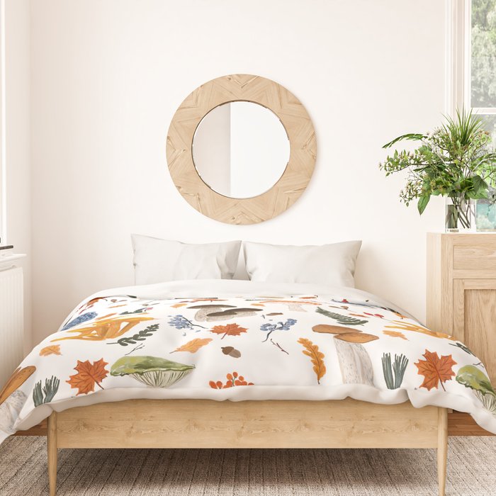 Colorful Forest Mushrooms and Plants Illustration  Nature Inspired Botanical Art Duvet Cover Gallery Image 3