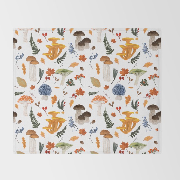 Colorful Forest Mushrooms and Plants Illustration  Nature Inspired Botanical Art Throw Blanket Gallery Image 2