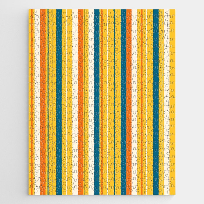 Retro 70s Vertical Stripes Orange Blue Yellow Pattern Jigsaw Puzzle Gallery Image 1